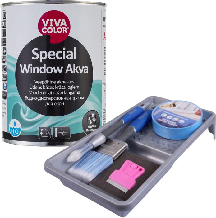 Aknavärv Vivacolor Special Window Akva A valge 0,9 l + Värvikomplekt Mäster Superior 6-osaline