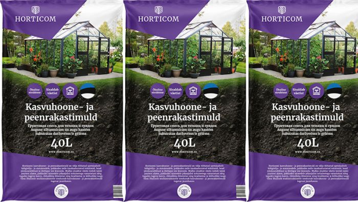 3 kotti Kasvuhoone- ja peenrakastimulda Horticom 40L