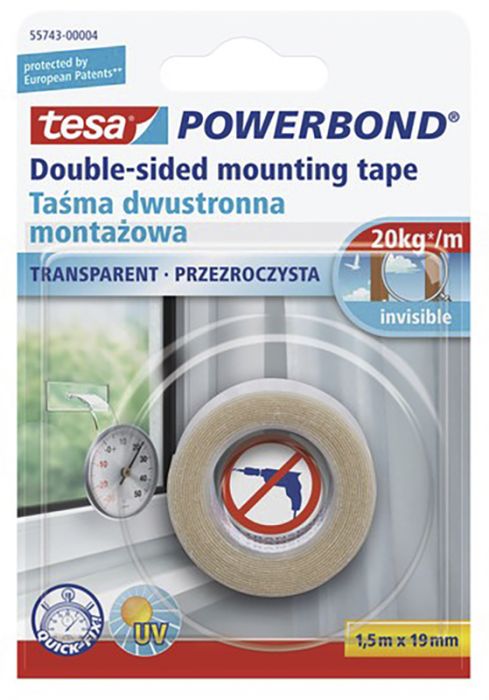 Kahepoolne teip tesa® läbipaistev 1,5 m x 19 mm