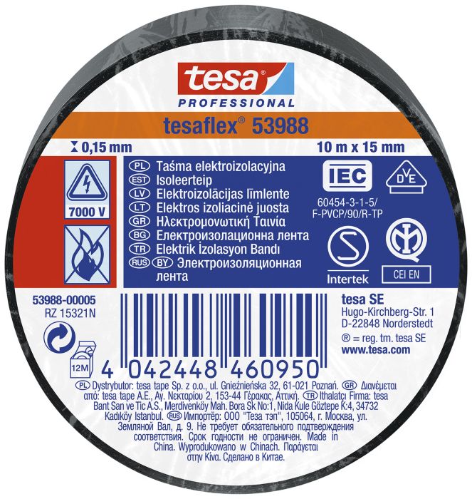 Isoleerteip tesa® Professional Tesaflex 10 m x 15 mm, must