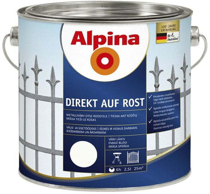 Metallivärv Alpina Direkt Auf Rost 2,5 l, valge läikiv