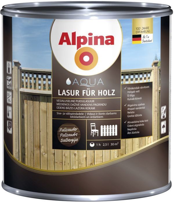 Puidulasuur Alpina Aqua Lasur Für Holz 2,5 l palisander