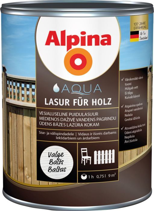 Puidulasuur Alpina Aqua Lasur Für Holz 0,75 l valge