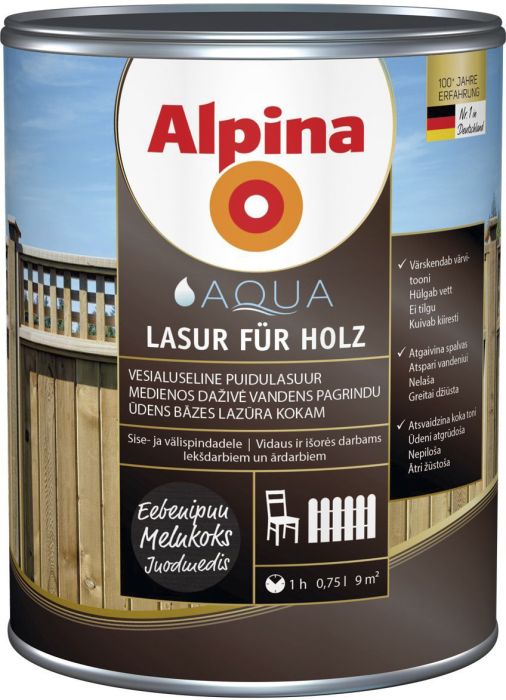 Puidulasuur Alpina Aqua Lasur Für Holz 0,75 l eebenipuu