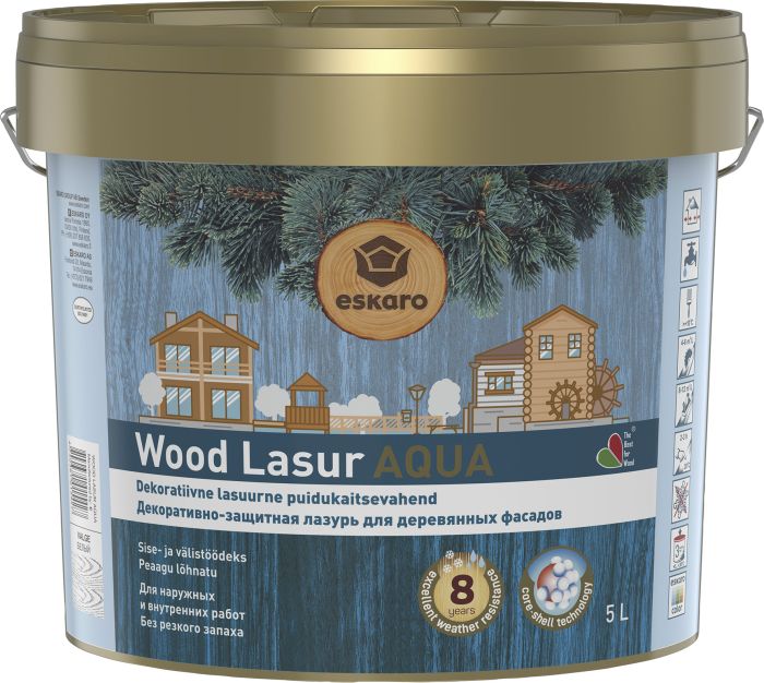 Dekoratiivne puidukaitsevahend Eskaro Wood Lasur Aqua valge 5 l